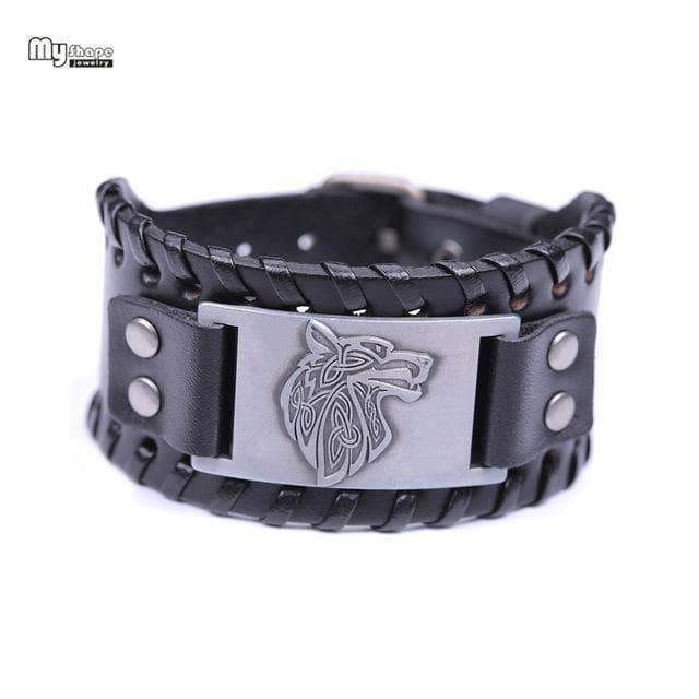 VIKING LAIR Bracelet Black Silver Plated Genuine Viking Wolf Leather Bracelet