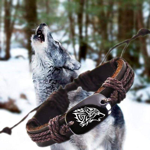 VIKING LAIR Bracelet Roaring Wolf  Woven Rope Leather Bracelet