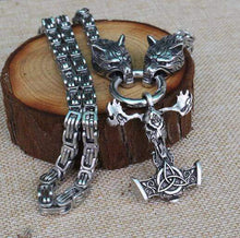 Load image into Gallery viewer, VIKING LAIR Necklace with goat hammer / 19.7in/50cm Stainless Steel Viking Necklace of Odin/Wolf/Mjolnir/Valknut/Dragon/Goat